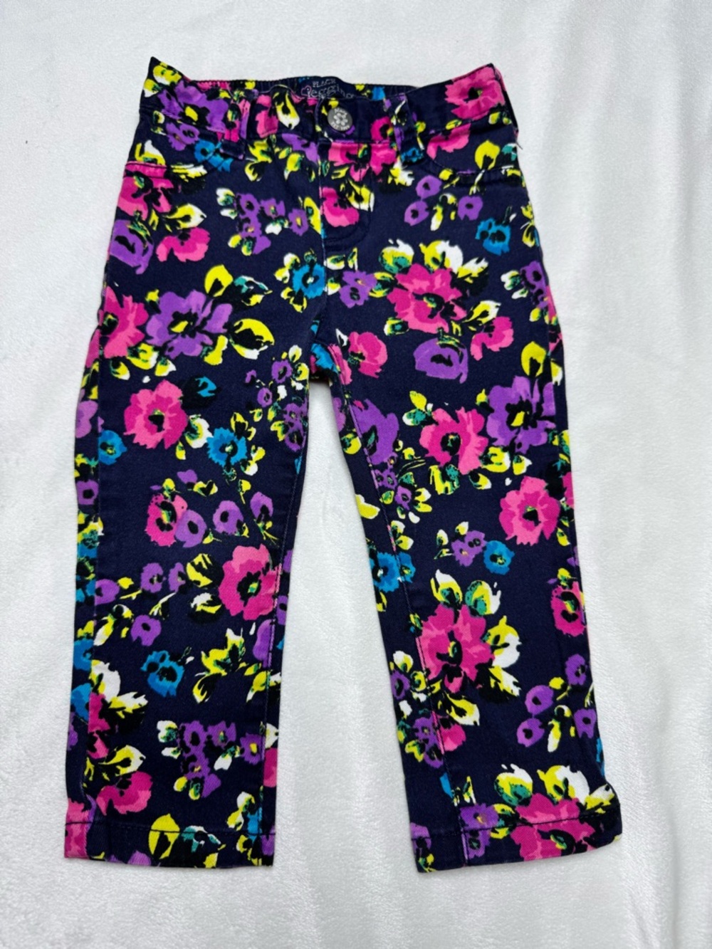 Place Navy Floral Stretch Pants with Pink & Purple Flowers
